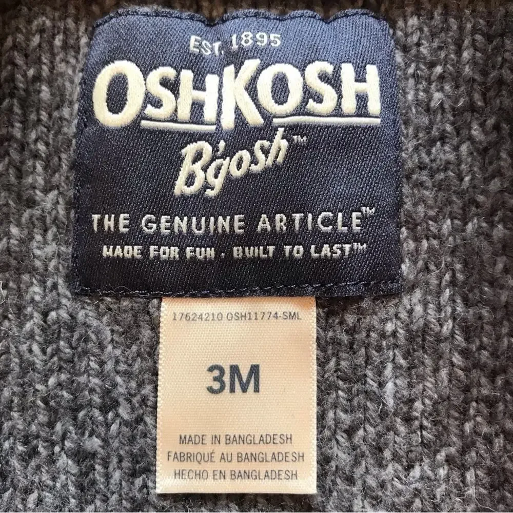 OshKosh B’Gosh, Cozy Gray Cardigan, Shawl Collar, Size 3 Months
